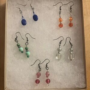 5 Pair- Handmade Glass Bead Dangle Earrings - Blue, Orange, Green, Clear, Pink